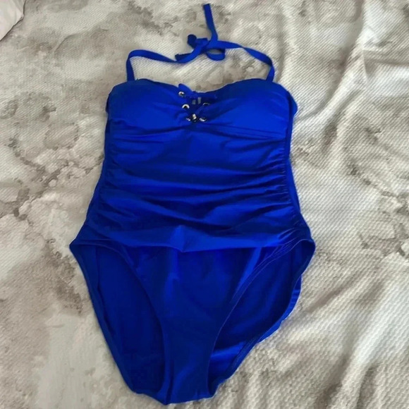 Ralph Lauren Royal Blue Lace-Up Bandeau Tummy-Control One-Piece Swimsuit Size 12 - Picture 7 of 11